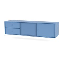 a blue cabinet with two doors and drawers