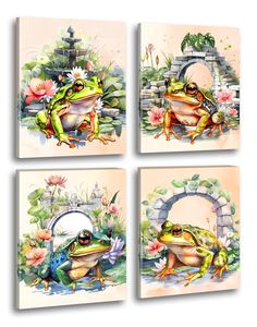 four paintings of frogs sitting on top of each other