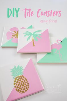 three coasters with pink and green designs on them, one has a pineapple