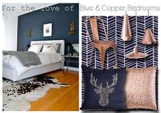 two pictures with different types of bedding and pillows in them, one is blue and the other has gold accents