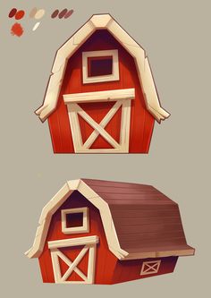 an image of a barn with two barns on it's sides and one has a red roof