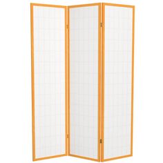 an orange and white room divider with grids on the top, two doors open