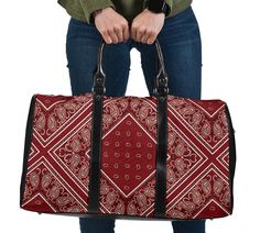 * Maroon Bandana Carpet Travel Bag, Valentine's Day Gifts for Weekender Bag, Overnight Bag All of our Travel Bags are custom-made-to-order and handcrafted to the highest quality standards. ** Add style to your luggage collection with a custom printed travel bag! ** Features a vibrant print on premium water-resistant and waterproof fabric. This bag is NOT made from pieces of old carpeting. It is POLYESTER. It is made-to-order and shipped directly to you from our production partner's facility in C Cheap Red Vacation Bags, Rectangular Duffle Bag For Daily Use, Rectangular Weekender Bag With Dust Bag For On-the-go, Rectangular Weekender Bag For Daily Use, Red Rectangular Weekender Bag For Travel, Red Rectangular Weekender Travel Bag, Rectangular Red Weekender Bag For Travel, Red Rectangular Box Bag For Travel, Rectangular Red Weekender Bag