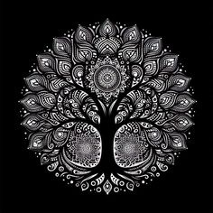 a white tree on a black background with intricate designs in the shape of circles and leaves