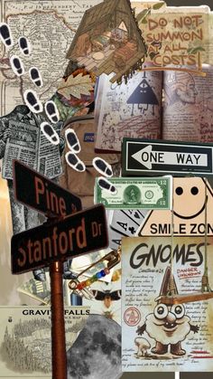 a collage of street signs and other items