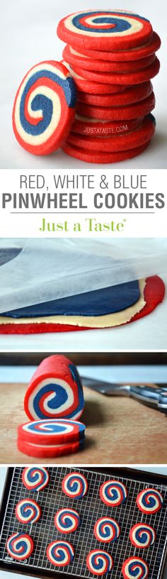 red, white and blue pinwheel cookies are stacked up on top of each other