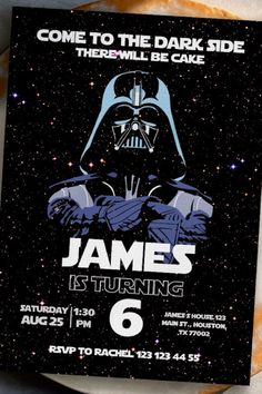 Set the stage for an unforgettable gathering with a Darth Vader party invitation that captures the essence of the Dark Side.This striking invitation promises a celebration filled with intrigue and adventure, beckoning guests to join the Empire’s ranks. See more party ideas and share yours at CatchMyParty.com Star Wars Birthday Party Invitations, Star Wars Birthday Invite, Star Wars Party Invitations, Darth Vader Birthday Party, Darth Vader Party, Darth Vader Birthday, Star Wars Invitations