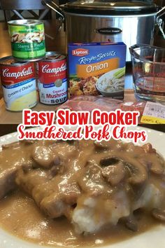 EASY SLOW COOKER SMOTHERED PORK CHOPS with Mushroom & Onion Gravy Slow Cooker Smothered Pork Chops With Mushroom And Onion Gravy, Pork Chop Gravy Crockpot, Gravy Smothered Pork Chops, Crockpot Onion Pork Chops, Crock Pot Smothered Pork Chops Easy, Smother Pork Chops Crock Pot, Smothered Pork Chops Slow Cooker, Smothered Bone In Pork Chops Crock Pot, Easy Pork Chop Slow Cooker Recipes