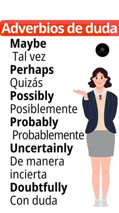 a woman in business attire pointing to the word adveribos de duda