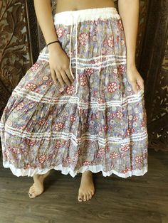 Boho Gypsy Hippy Beach Skirts A-Line Lace Work Summer Cotton Flare Skirts SM  #MogulInterior #ALine #Casual Flare Skirts, Full Flared Skirt, Sari Skirt, Flare Maxi Skirt