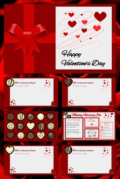 valentine's day greeting card with chocolates and hearts on red paper, in the middle