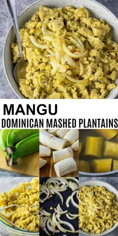 three pictures with different types of food in them and the words mango, dominigan mashed plantains