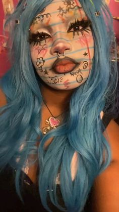 Makeup Looks With Face Paint, Cute Creative Makeup Looks, Funky Clown Makeup, Fun Creative Makeup Looks, Tiktok Clown Makeup, Punk Clown Makeup, Adventure Time Makeup, Face Paint Makeup Looks, Interesting Makeup Looks