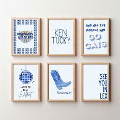 four framed artwork pieces with blue and white designs