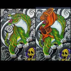 two pictures with different designs on them, one has a tiger and the other is a skull