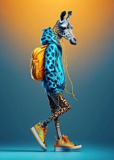 a giraffe with a backpack and sneakers on is walking across the floor in front of a blue background