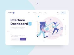 a landing page for interface dashboard 2, with people working on the screen and one person sitting