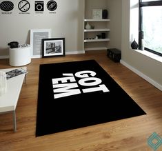 a black area rug with the word sem printed on it in white letters and numbers