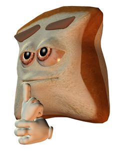 a 3d image of a piece of bread with eyes and hands on it's side