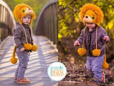 two pictures of a little boy wearing a lion hat and holding a string with his hands