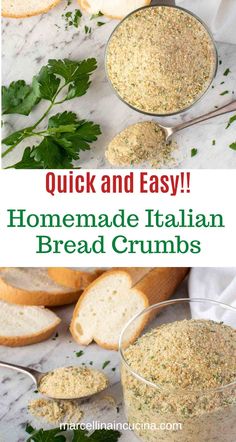 homemade italian bread crumbs in glass bowls with text overlay that reads quick and easy homemade italian bread crumbs