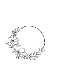 a black and white drawing of flowers in a circle with leaves on the bottom side