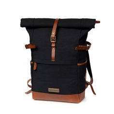 "Roll-Top backpack in an authentic vintage design made of canvas and leather, for men. - Adjustable pack volume, ranging from 20-30 liters, thanks to the Roll-Top. - 1 zippered compartment & 2 side pockets, for example, for water bottles. - Interior: 13\" laptop compartment and 1 zippered pocket. - Diamond-Stitch: Padded and elegantly quilted backside. - Includes: 1 backpack and 1 dust bag. Color: Black Weight: 1.35 kg Capacity: 20-30 liters Dimensions in cm (HxLxW): 46 x 36 x 20 Material: Buffalo leather (vegetable-tanned), metal parts made of brass." Handmade Travel Bag, Waxed Canvas Backpack, Canvas Rucksack, Backpack Hiking, Flap Backpack, Sustainable Leather, Top Backpacks, Leather Luggage Tags, Women Leather Backpack