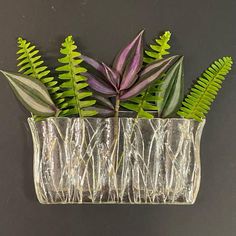 a glass vase filled with plants on top of a table