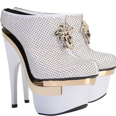 Brand New Versace Boots Gold Studded Booties With Triple The Drama. These Versace Triple Platform Booties Add Sparkle And Studs To Your Night Out. 100% Leather Heel Measures 6" | Platform Measures 4" Made In Italy Size 38.5 - Us 8.5 39.5 - Us 9.5 Brand New, In Original Box. Please Visit Out Store Today! You'll Definitely Find There Something You Like! Versace High Heels, Heels Versace, Versace Boots, Short Heel Boots, White Leather Boots, Flower Heels, Black Strap Heels, White Ankle Boots, Studded Ankle Boots