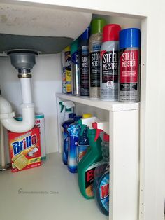 the inside of a kitchen cupboard filled with cleaning products