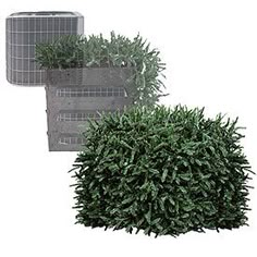 a bush with green leaves next to an air conditioner on a white background,