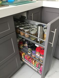 an open cabinet with spices and condiments in it