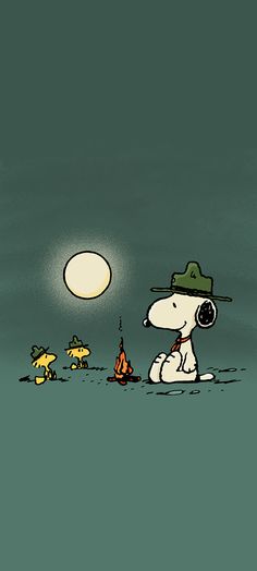 a cartoon dog sitting on the ground next to a full moon and some small animals