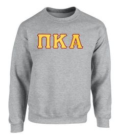 a grey sweatshirt with blue and yellow letters on the front, which says aea