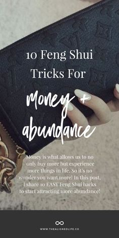 a woman's hand holding a black purse with the words, 10 feno shui tricks for money abundance