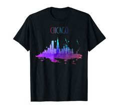 chicago skyline t - shirt with the word chicago in purple, blue and pink colors