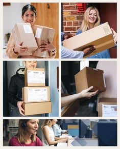 several pictures of people holding boxes and smiling