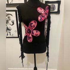 This Top Has A Stretchy Sheer Mesh Construction, Trippy Floral Appliques On The Front, Long Sleeves With Cut Out Detailing, And A Lettuce Trim. Edgy Pink Tops For Spring, Fitted Rave Tops For Spring, Stretch Rave Tops For Spring, Stretch Top For Spring Rave, Fitted Pastel Goth Tops, Pink Y2k Festival Tops, Trendy Pink Top For Festival, Trendy Pink Tops For Festival, Spring Rave Party Tops