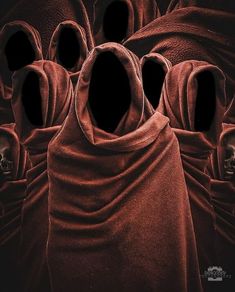 a group of hooded people with their faces covered in red cloths, all facing the same direction