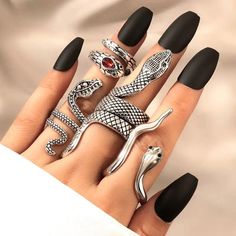 Snake Rings 4pc Set Finger Silver Alloy Metal Goth Punk Unisex Serpent Statement Brand New In Package No Price Tags Attached Various Styles Finger Stackable Rings Silver In Color Metal With Black Accents & Red Stone School Work Office Party Adult Or Kids Child Great Gift Idea **Check Out My Other Items** Save $$ On Shipping T2x52 Tags Home, Country ,Collectable, Vintage, Figurine ,Office, Boho, Hippie, Stylish, Gift, Fashion, Surfer, Vacation, Beach, Unisex, Vegan, Minimalist, Western, Southwest Edgy Silver Metal Rings, Edgy Metal Rings For Halloween, Punk Style Silver Jewelry With Metal Ring, Silver Punk Jewelry With Metal Ring, Silver Grunge Ring Jewelry, Silver Grunge Jewelry For Party, Edgy Silver Alloy Jewelry, Silver Punk Style Metal Ring, Silver Grunge Rings For Halloween