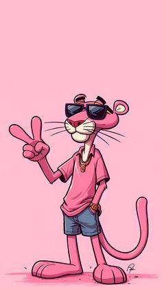 a pink cartoon cat wearing sunglasses and holding up a peace sign