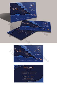 two different business cards with blue and gold foil on the front, one is for an event