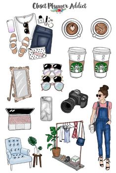 a woman standing in front of a set of items that include coffee, sunglasses and other things