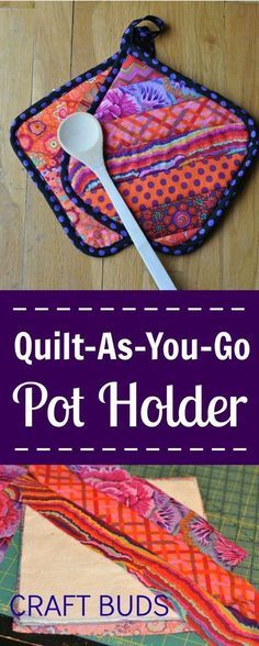 quilt as you go pot holder with spoon on it and the title overlay reads, quilt as you go pot holder