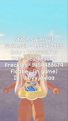 an animated image of a baby sitting in a highchair with the words stitch swimsuit