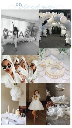 the collage shows many different pictures with white and blue accents, including balloons, cake,