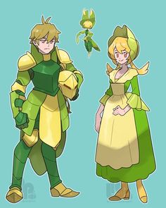 two cartoon characters dressed in green and yellow