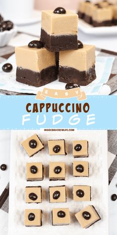 chocolate and caramel fudge brownies are stacked on top of each other with the words cappuccino fudge above them