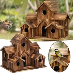 a bird house made out of wood with two birds on top and one in the background