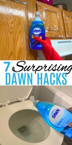 a toilet with the words 7 surprising dawn hacks in front of it and an image of